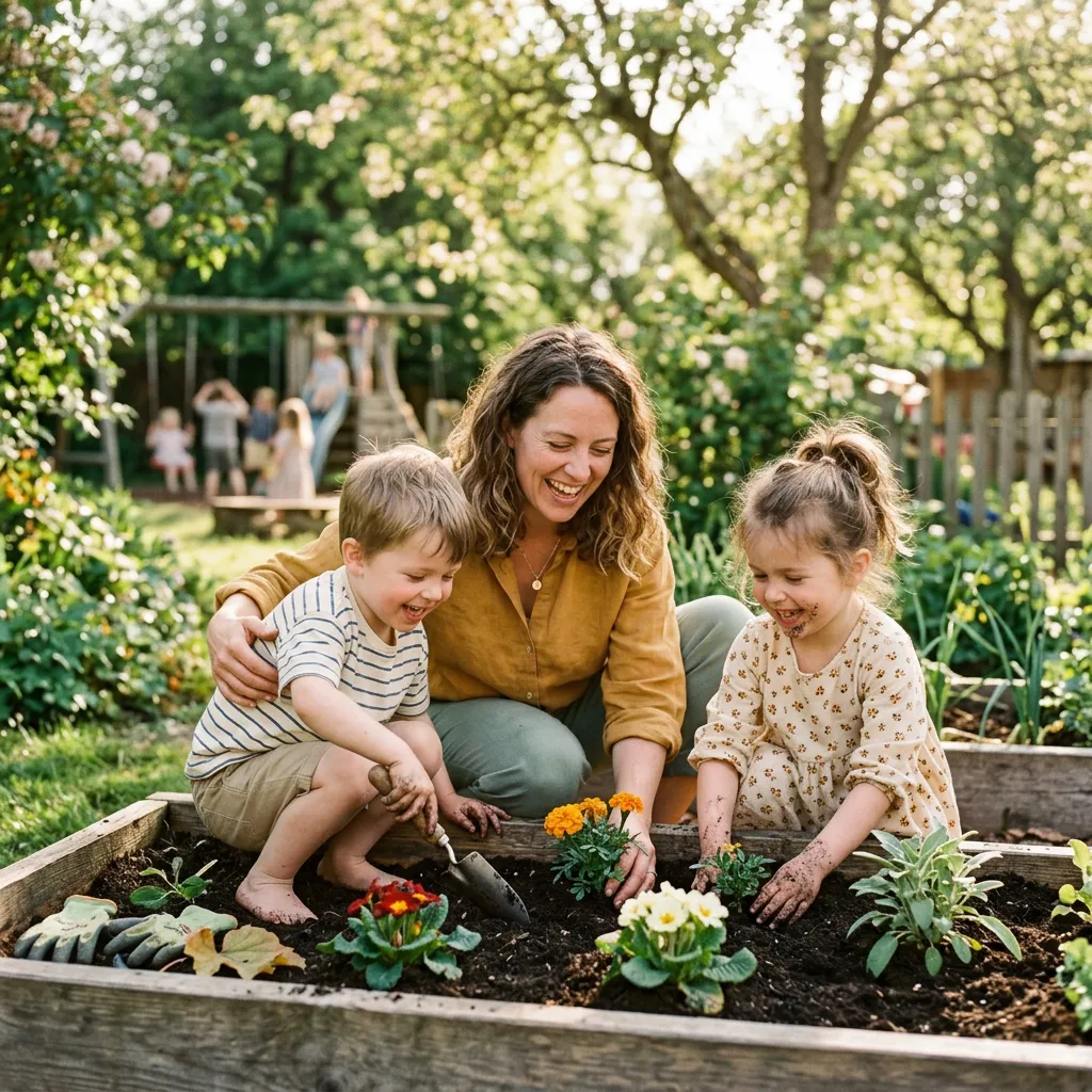 Ein Elternteil pflanzt mit zwei Kindern Blumen in ein Hochbeet im Kita-Garten.